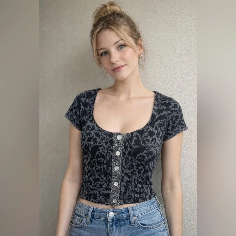 Free People Womens Cardigan Sweater Cropped Lambswool Rabbit Short Sleeve Sz M